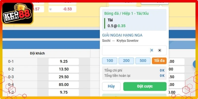 Kèo tài xỉu dạng 0.5